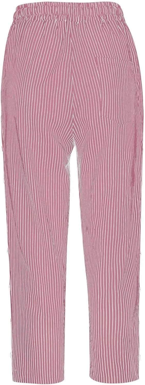 2024 Casual Striped Linen Capris Pants for Women Wide Leg Elastic Waist Drawstring Cropped Lounge Trousers with Button Decor