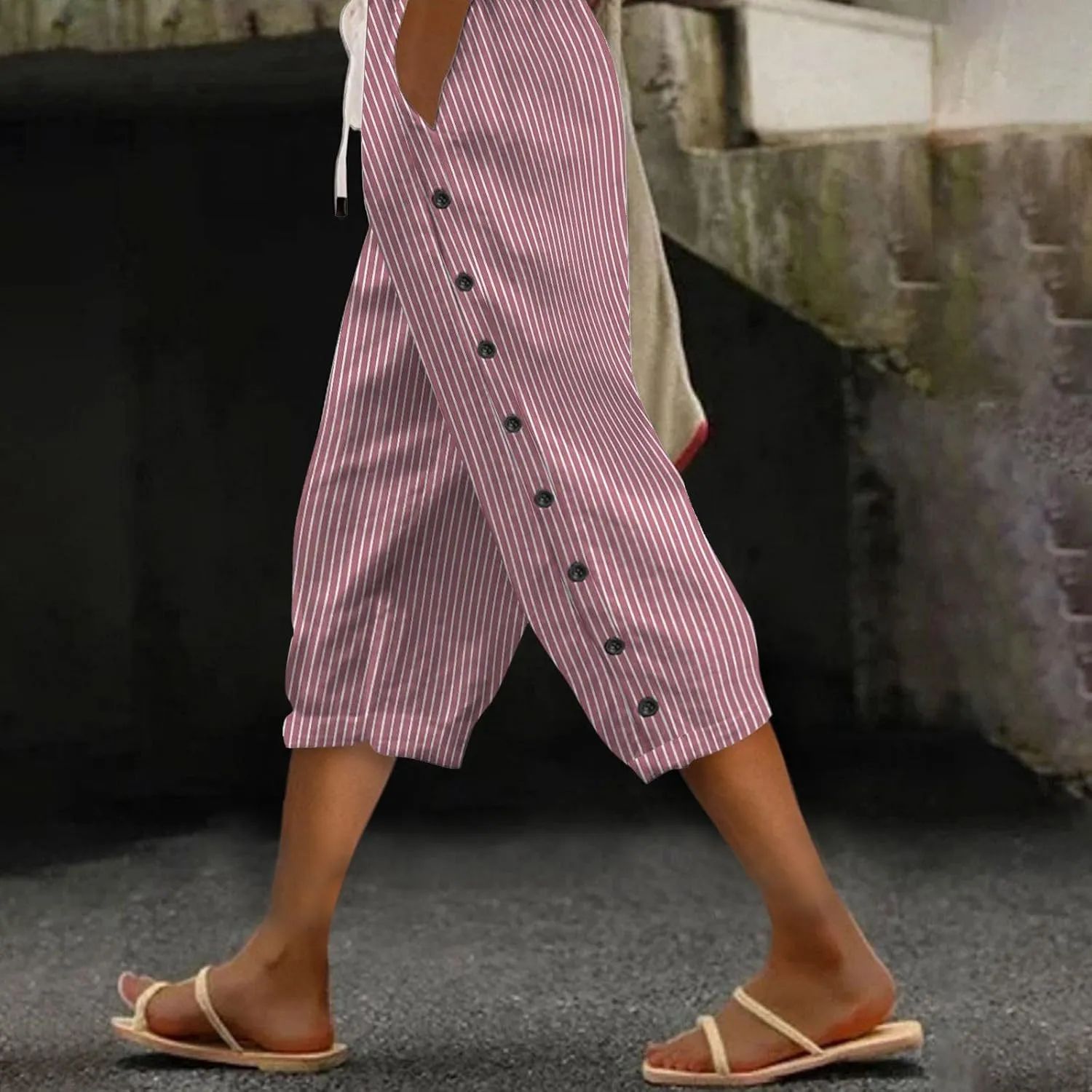 2024 Casual Striped Linen Capris Pants for Women Wide Leg Elastic Waist Drawstring Cropped Lounge Trousers with Button Decor
