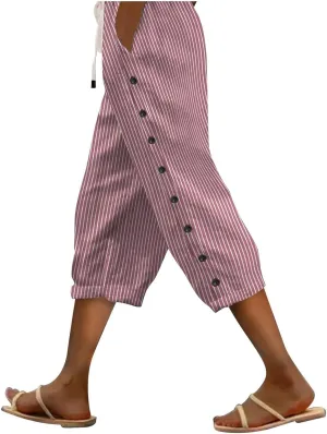 2024 Casual Striped Linen Capris Pants for Women Wide Leg Elastic Waist Drawstring Cropped Lounge Trousers with Button Decor