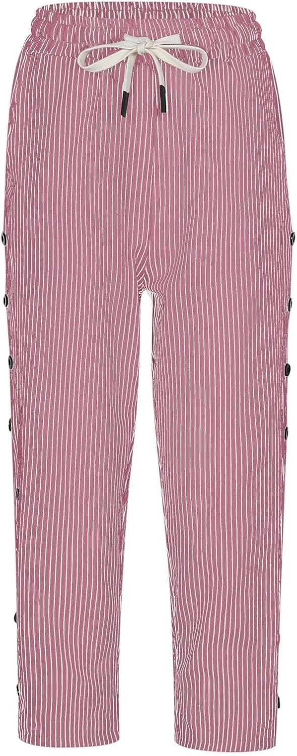2024 Casual Striped Linen Capris Pants for Women Wide Leg Elastic Waist Drawstring Cropped Lounge Trousers with Button Decor