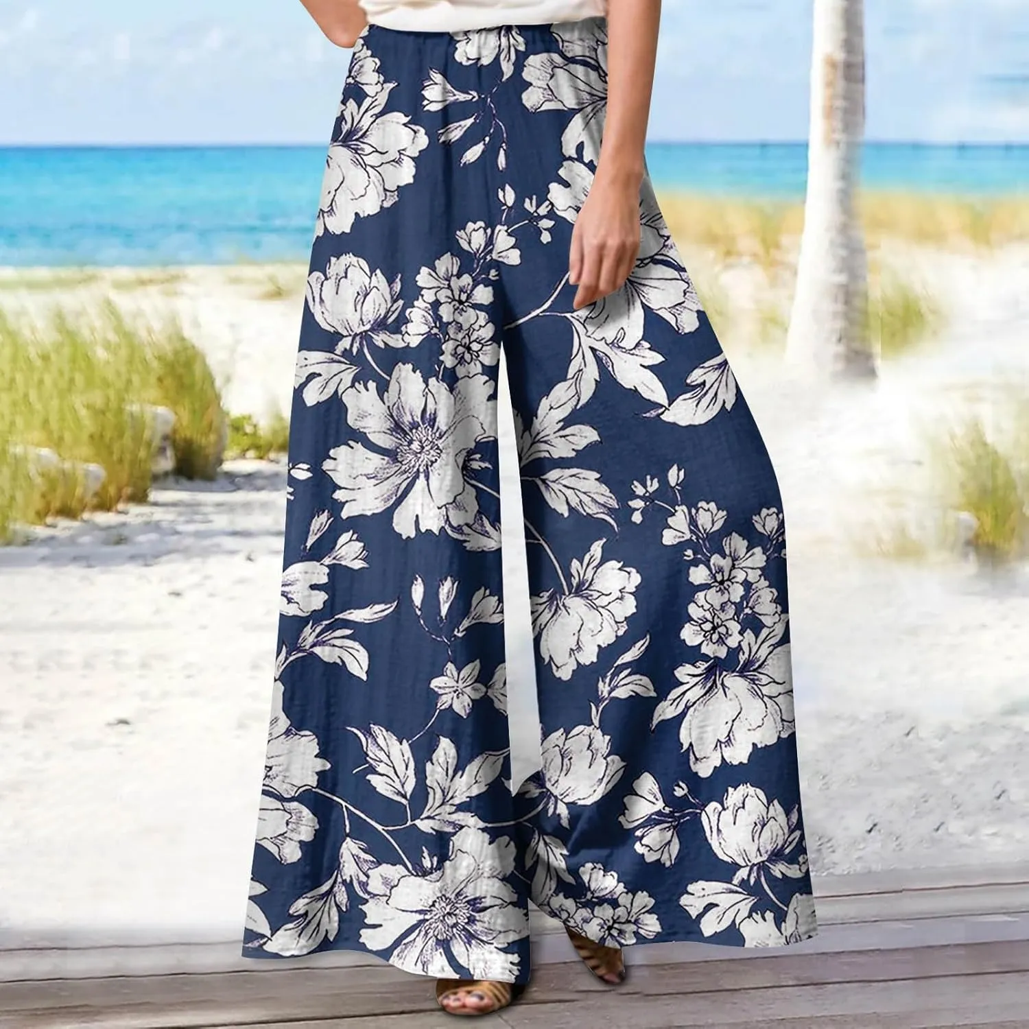 2025 Beach Vacation Linen Wide Leg Palazzo Drawstring Pants That Look Like Skirts- Flowy Boho Gauze Trousers