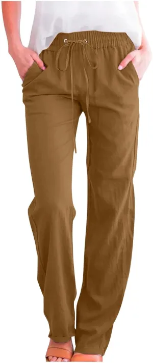 2025 Capri Pants for Women Casual Summer Drawstring Elastic High Waist Linen Pant Straight Leg Cropped