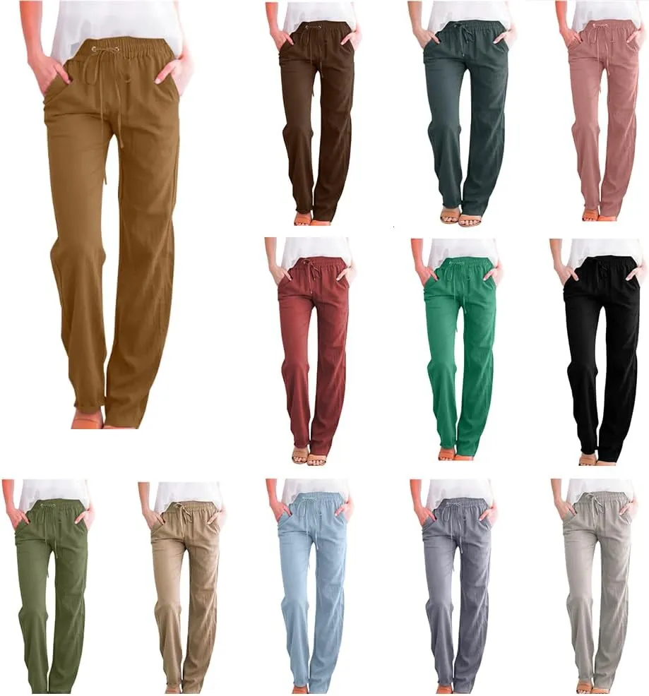 2025 Capri Pants for Women Casual Summer Drawstring Elastic High Waist Linen Pant Straight Leg Cropped