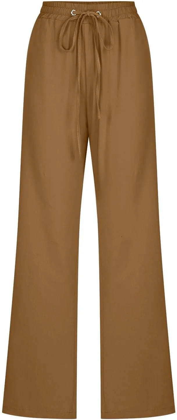 2025 Capri Pants for Women Casual Summer Drawstring Elastic High Waist Linen Pant Straight Leg Cropped