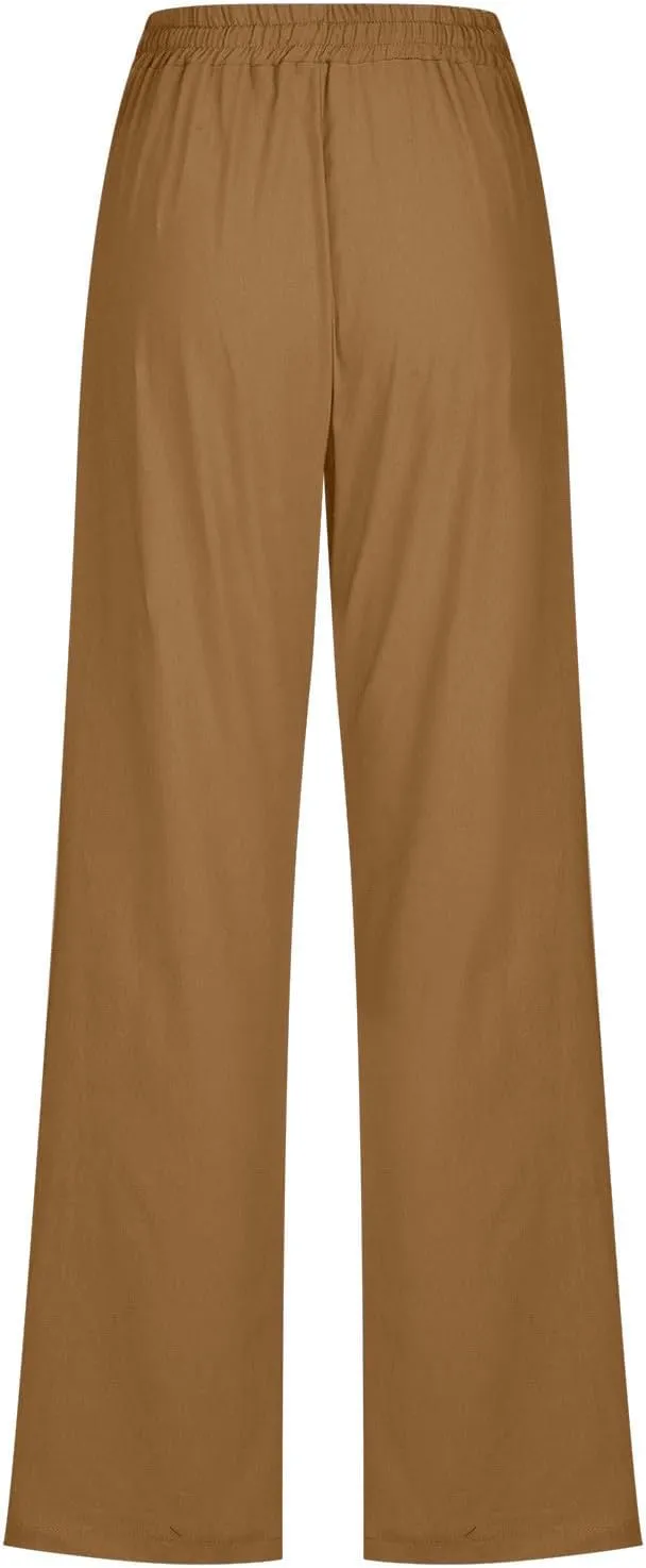 2025 Capri Pants for Women Casual Summer Drawstring Elastic High Waist Linen Pant Straight Leg Cropped