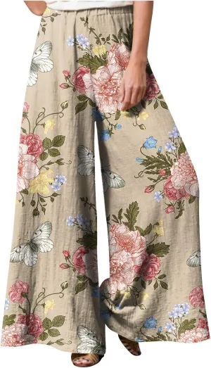 2025 Trendy Summer Flowy Gauze Pants That Look Like Skirts- Boho Drawstring Linen Wide Leg Palazzo Trousers
