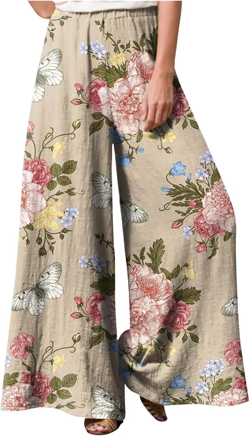 2025 Trendy Summer Flowy Gauze Pants That Look Like Skirts- Boho Drawstring Linen Wide Leg Palazzo Trousers