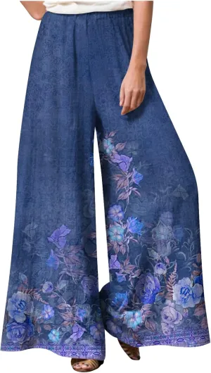 2025 Trendy Summer Linen Wide Leg Palazzo Elastic Waist Pants That Look Like Skirts- Boho Gauze Flowy Trousers