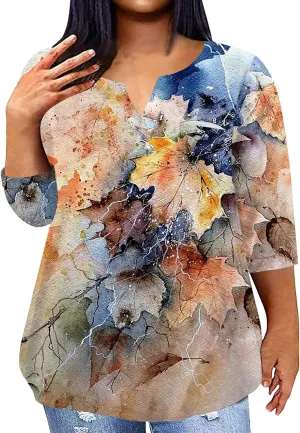 3/4 Sleeve Women Tops Winter Tops Dressy Casual Elbow Length Sleeve Vneck Shirts Tie Dye Gradient Loose Fall Clothing