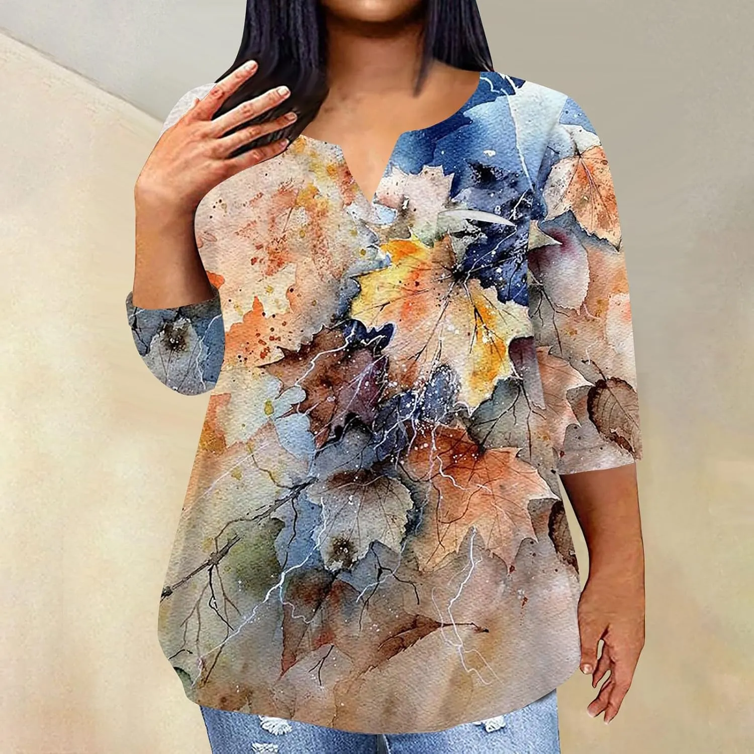 3/4 Sleeve Women Tops Winter Tops Dressy Casual Elbow Length Sleeve Vneck Shirts Tie Dye Gradient Loose Fall Clothing