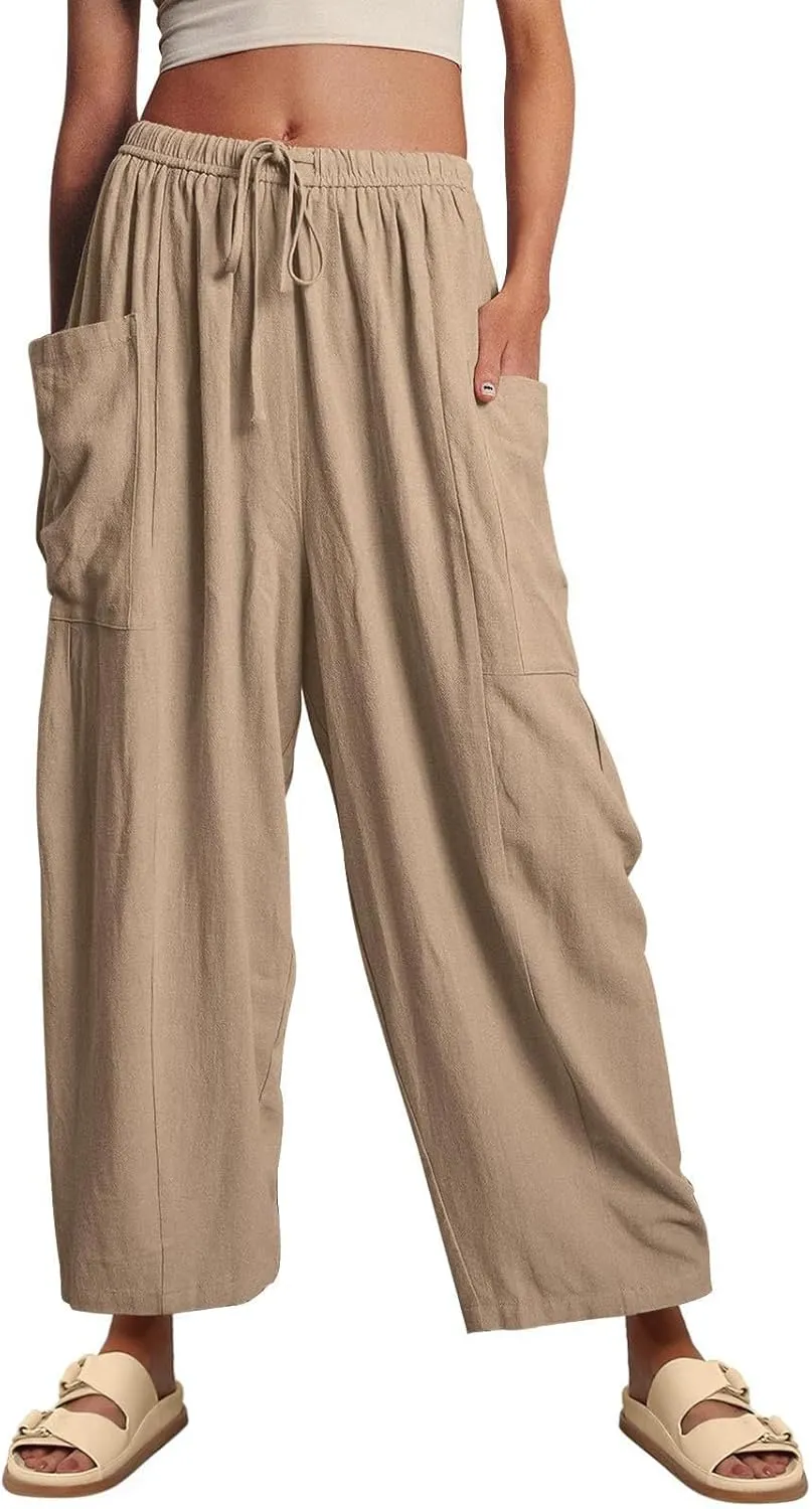 ABAFIP Women's Linen Palazzo Pants Summer Drawstring High Waisted Wide Leg Baggy Harem Pants with Pockets