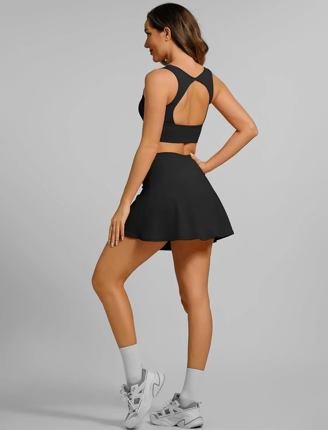 ABOCIW Tennis Outfits Women Skirt Sets 2 Piece Crossover High Waisted Golf Athletic Skorts Cutout Back Workout Crop Tops