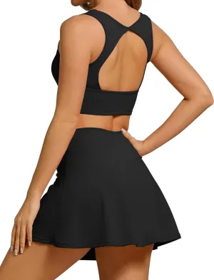 ABOCIW Tennis Outfits Women Skirt Sets 2 Piece Crossover High Waisted Golf Athletic Skorts Cutout Back Workout Crop Tops