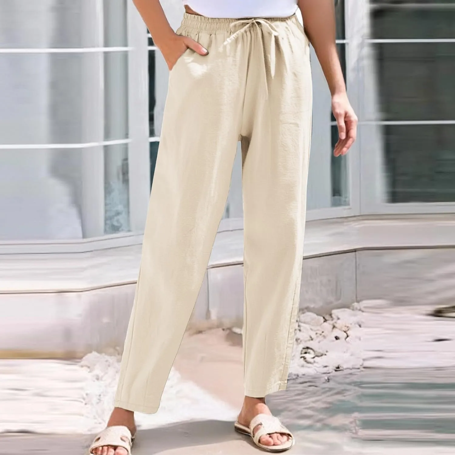 ADHOWBEW Women Linen Pants Plus Size High Waisted Petite Casual Work Cotton Flowy Dressy Lounge Stretch Beach Pants