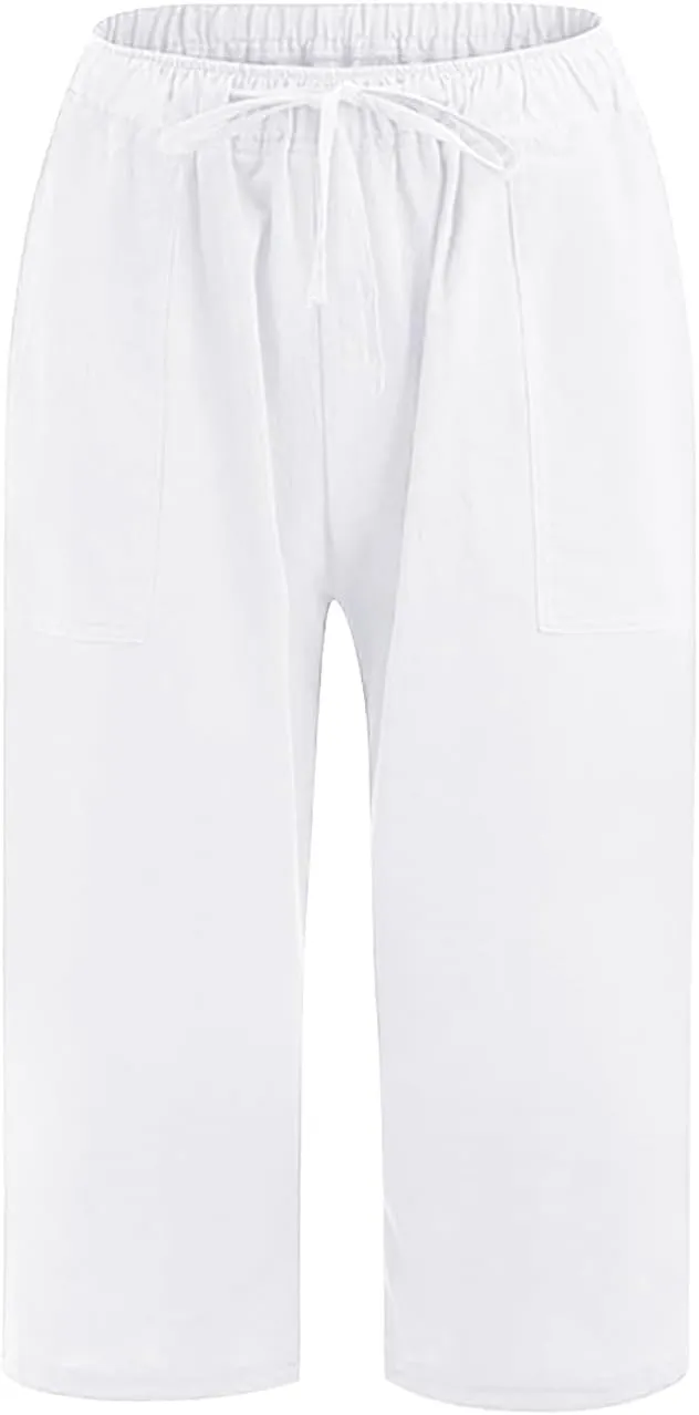 Akklian Womens Cotton Linen Pants Elastic Waisted Wide Leg Drawstring Casual Loose Trousers Beach Summer Pants with Pockets