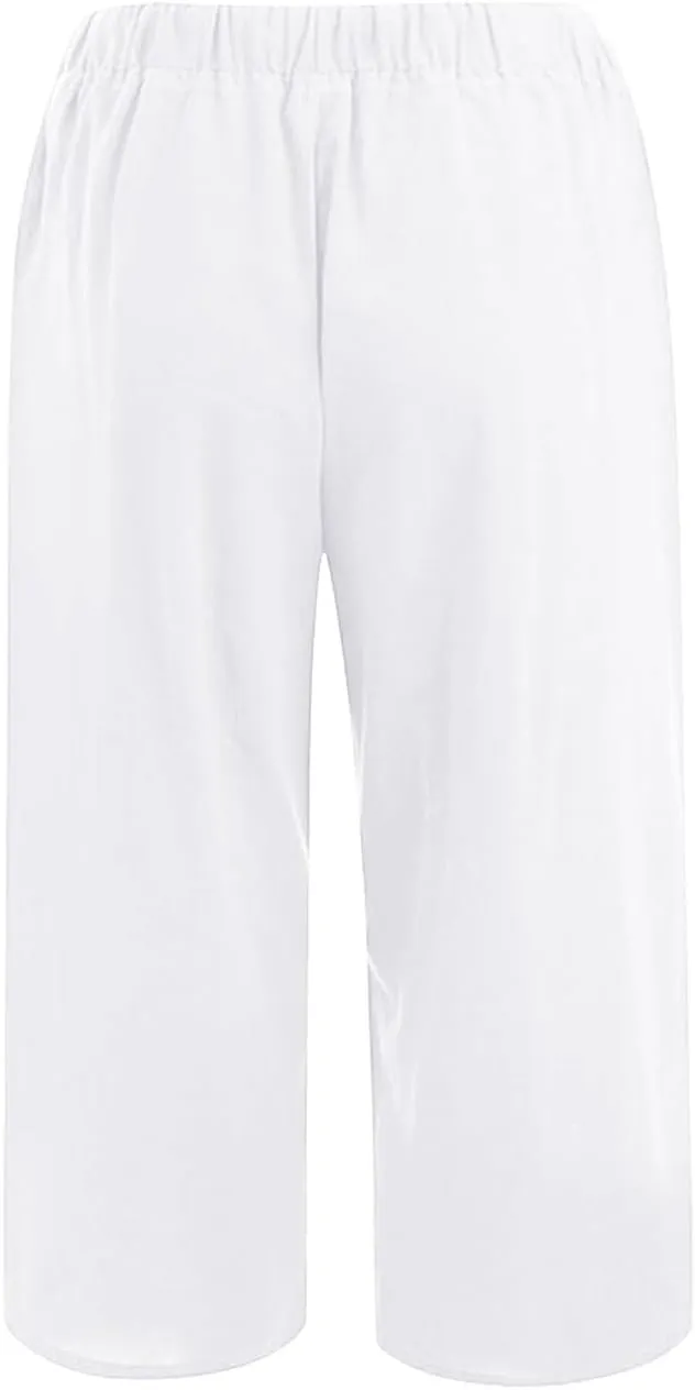 Akklian Womens Cotton Linen Pants Elastic Waisted Wide Leg Drawstring Casual Loose Trousers Beach Summer Pants with Pockets