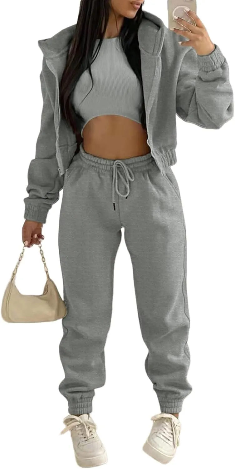 Akmipoem Sweatsuits for Women Set 3 Piece Outfits Zip Up Hoodie Sweatshirt Crop Tank Top Jogger Sweatpants Tracksuit