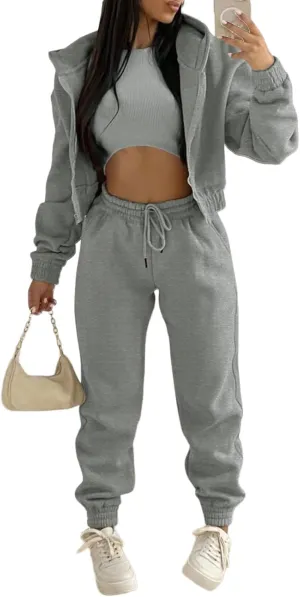 Akmipoem Sweatsuits for Women Set 3 Piece Outfits Zip Up Hoodie Sweatshirt Crop Tank Top Jogger Sweatpants Tracksuit