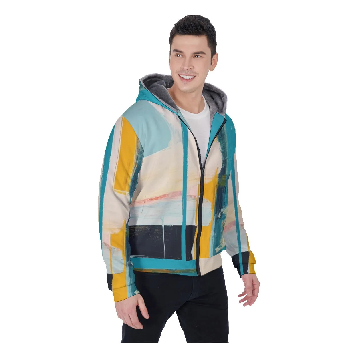 All-Over Print Men's Sherpa Fleece Zip Up Hoodie, blues, and black, abstract, print, #25V