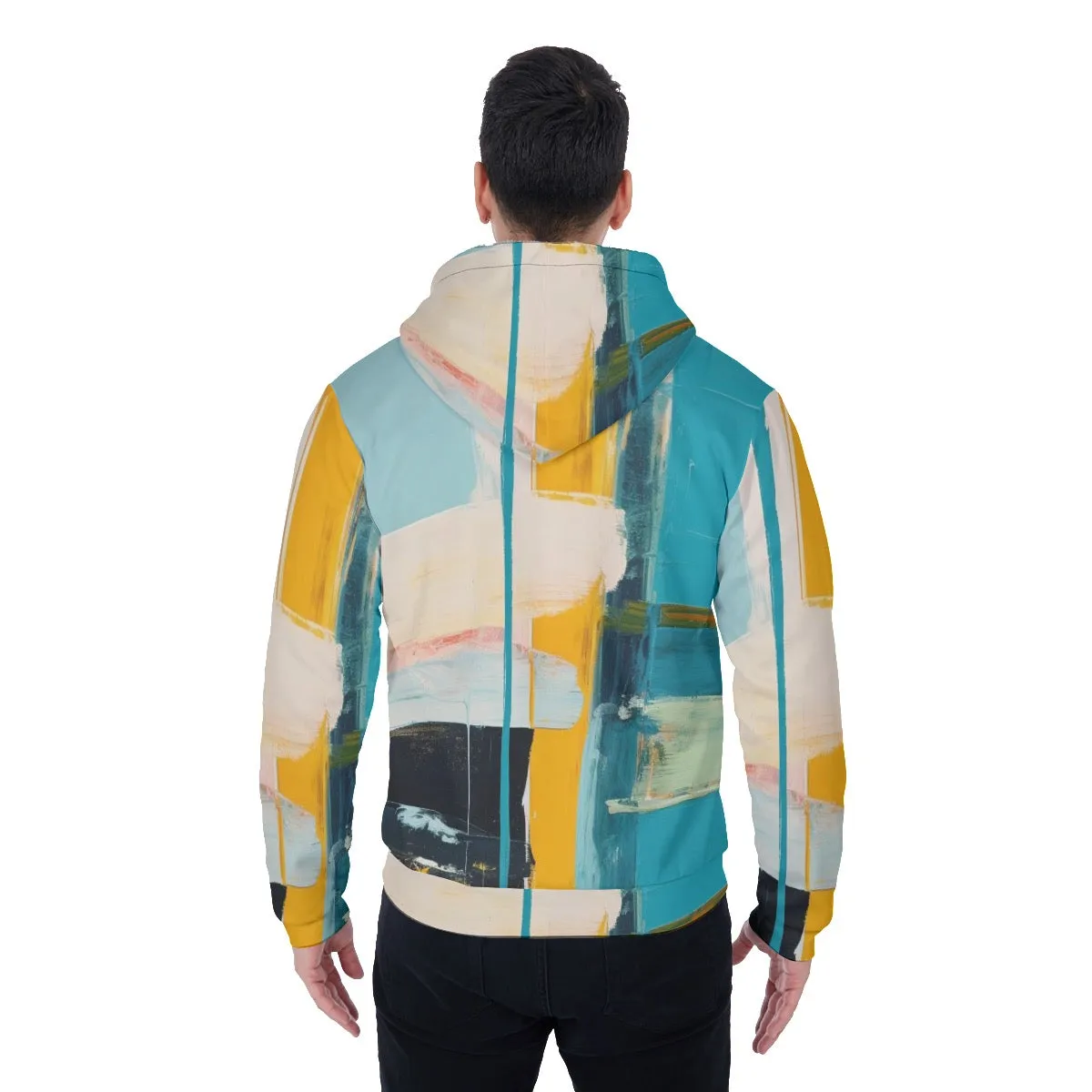 All-Over Print Men's Sherpa Fleece Zip Up Hoodie, blues, and black, abstract, print, #25V