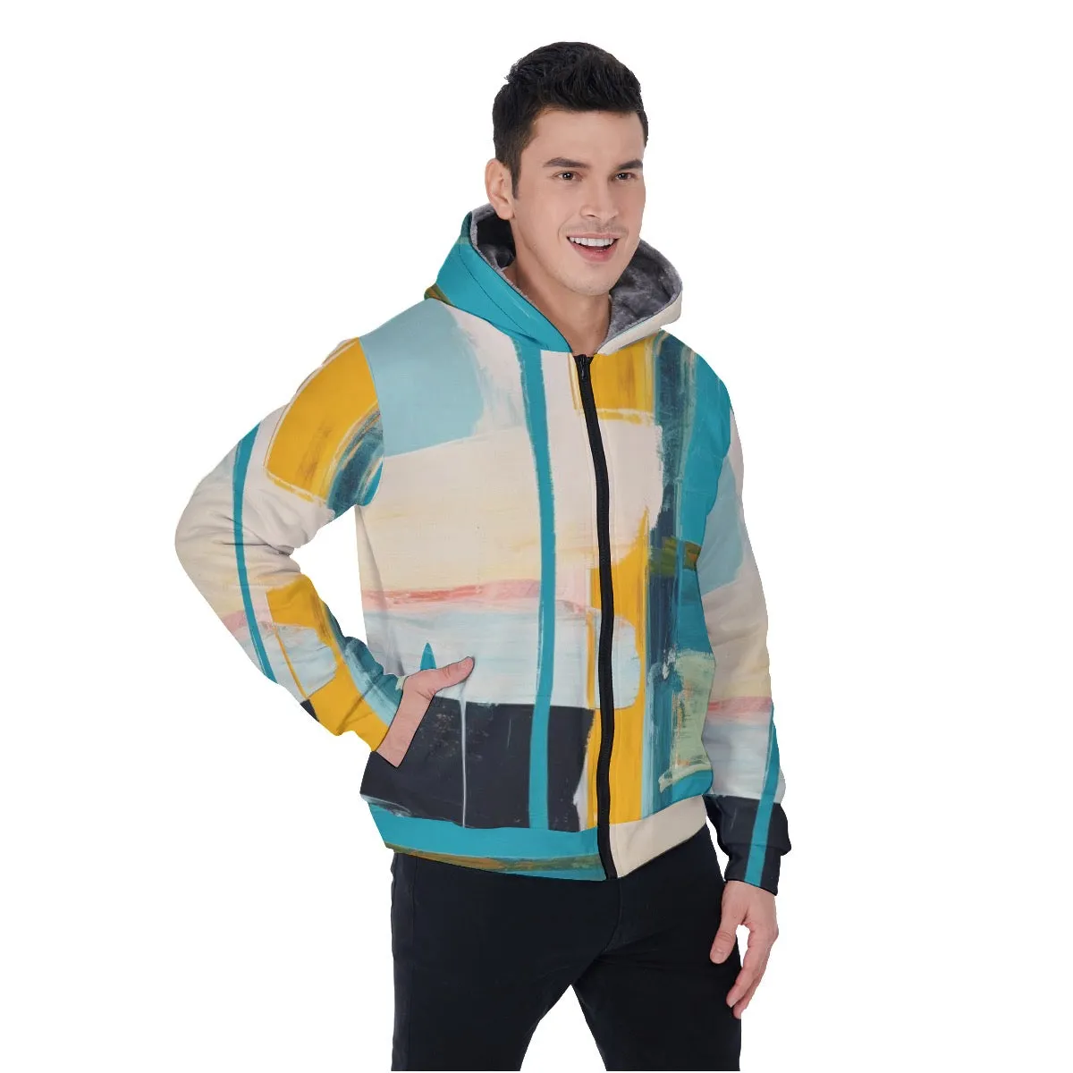 All-Over Print Men's Sherpa Fleece Zip Up Hoodie, blues, and black, abstract, print, #25V