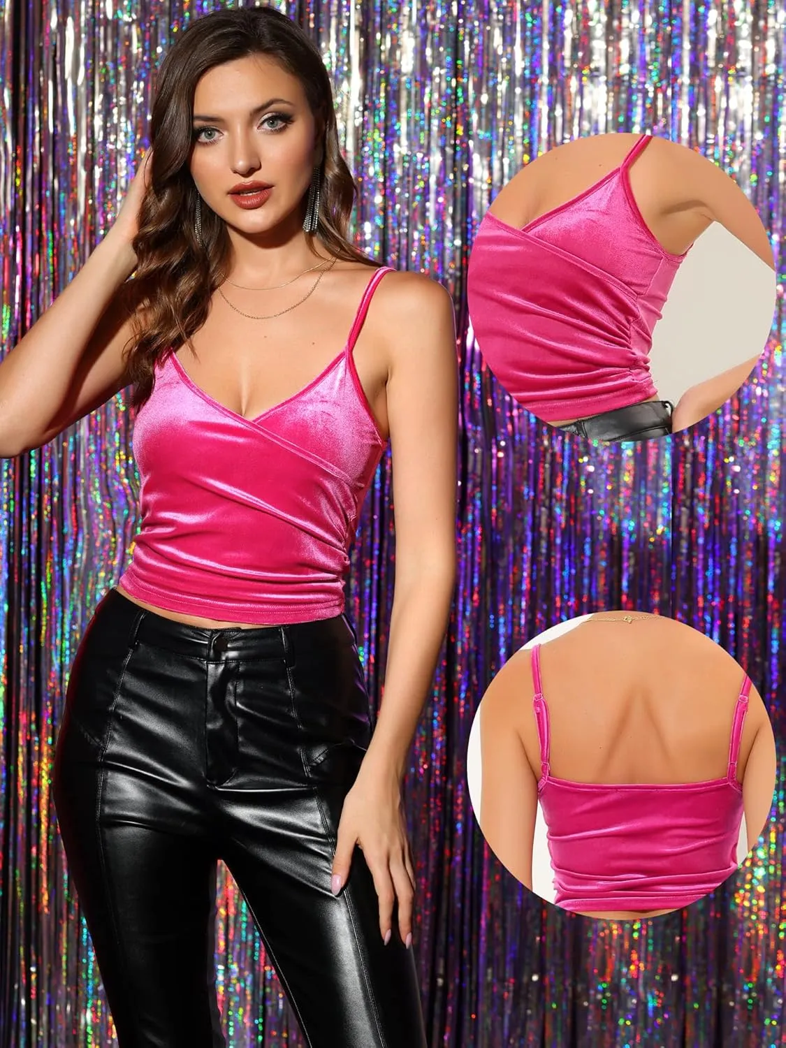 Allegra K Halloween Wrap Crop Top for Women's Party Spaghetti Strap Velvet Cami Tops
