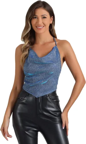 Allegra K Sparkly Metallic Camisole for Women's Party Cowl Neck Backless Glitter Halter Tops