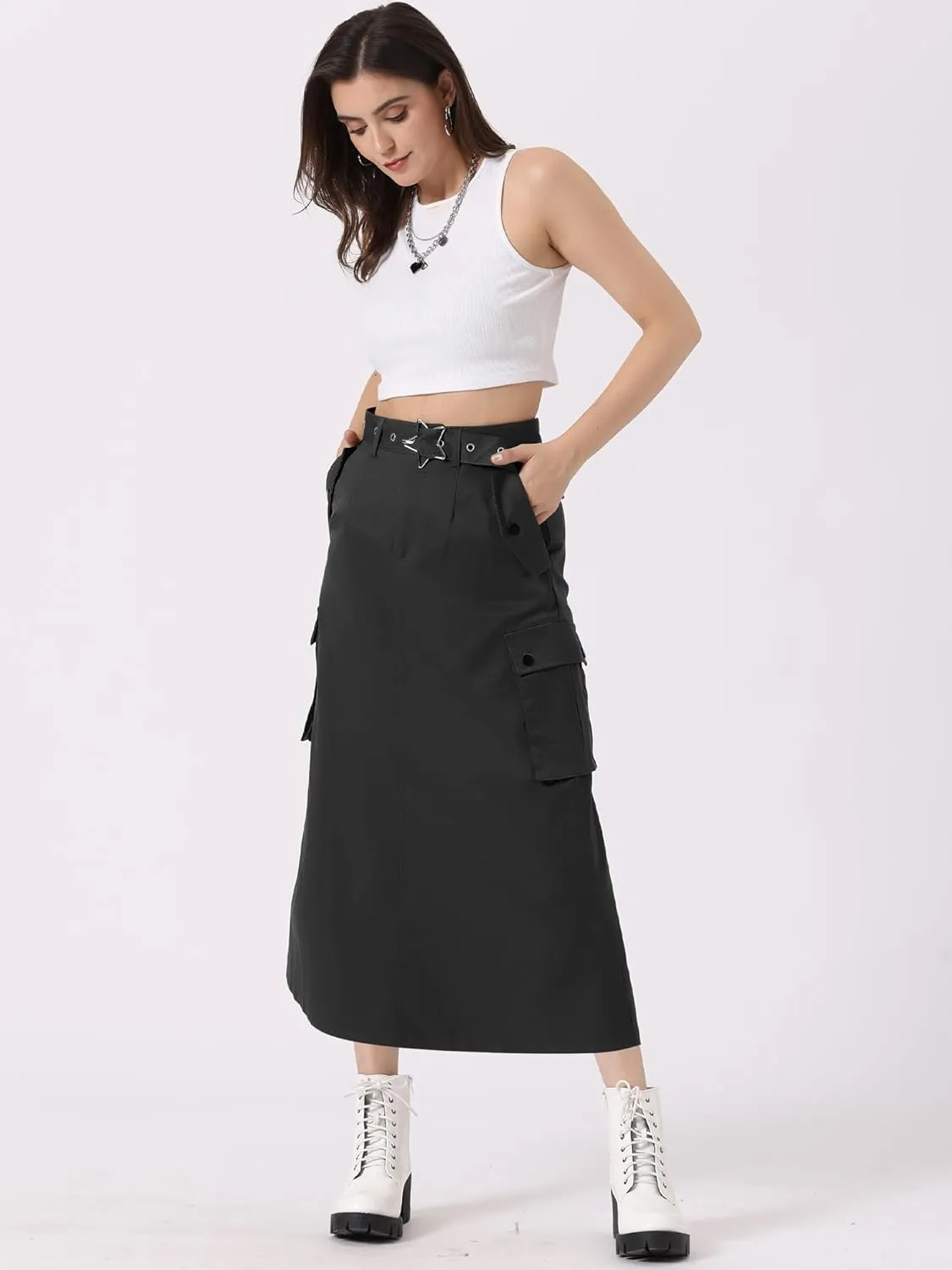 Allegra K Y2K Cargo Long Skirts for Women's Trendy Belt High Waisted Vintage Streetwear Skirt with Pockets
