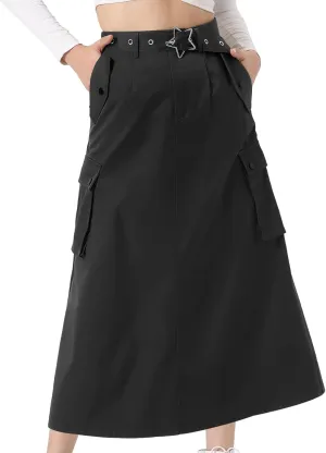 Allegra K Y2K Cargo Long Skirts for Women's Trendy Belt High Waisted Vintage Streetwear Skirt with Pockets