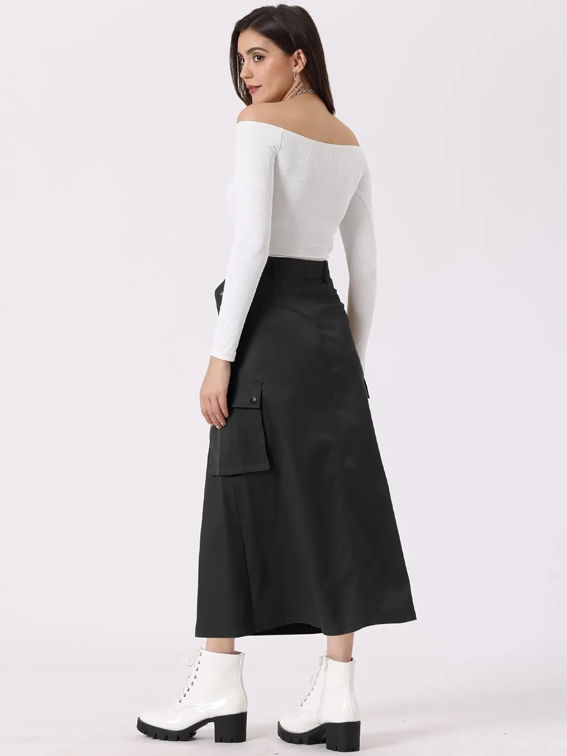 Allegra K Y2K Cargo Long Skirts for Women's Trendy Belt High Waisted Vintage Streetwear Skirt with Pockets