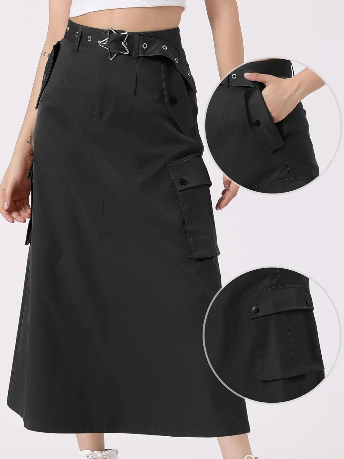 Allegra K Y2K Cargo Long Skirts for Women's Trendy Belt High Waisted Vintage Streetwear Skirt with Pockets