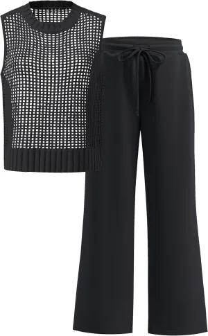 ANRABESS Women 2 Piece Summer Outfits 2025 Crochet Sweater Vest Wide Leg Pants Lounge Matching Sets Travel Vacation Clothes