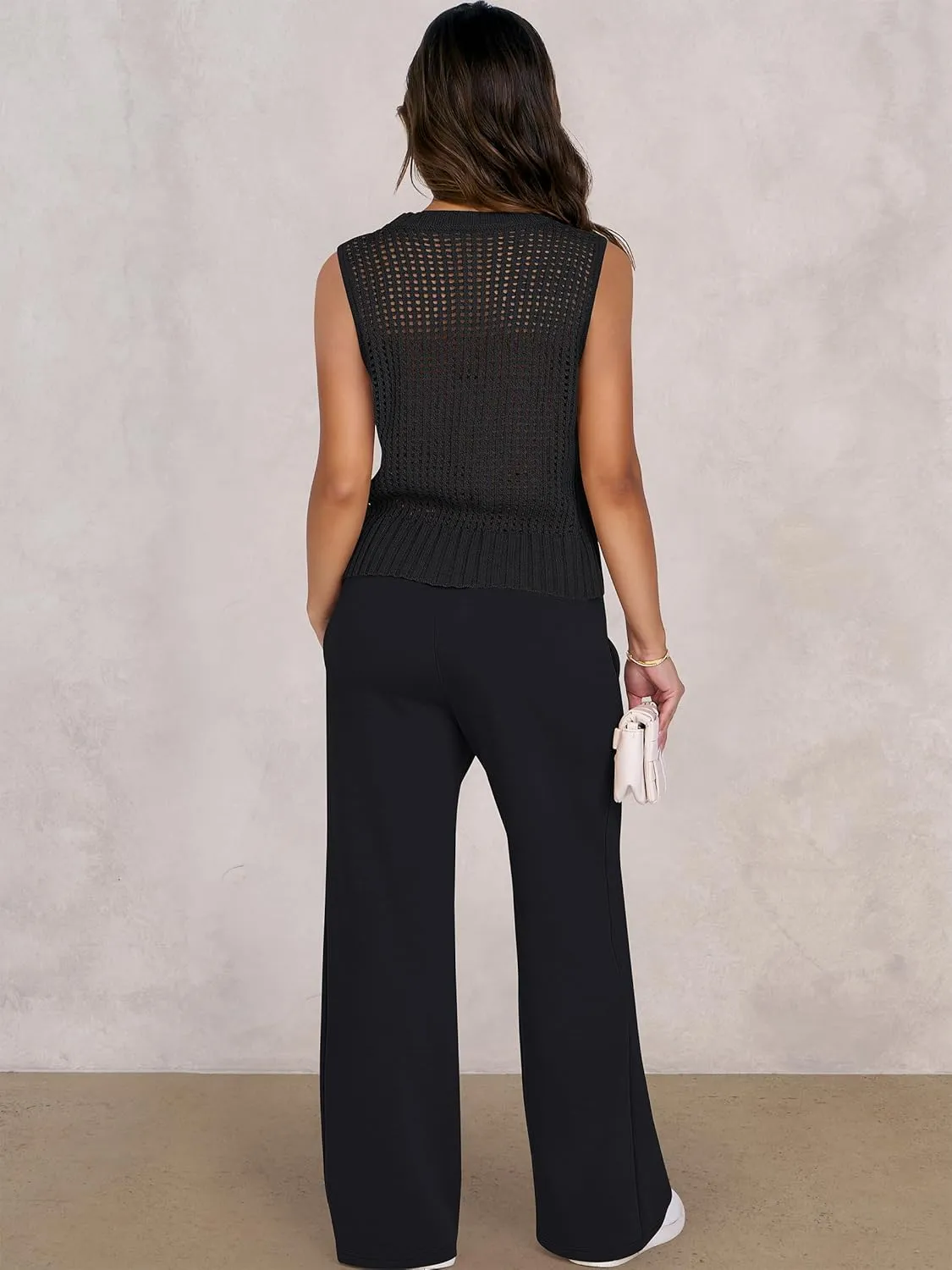 ANRABESS Women 2 Piece Summer Outfits 2025 Crochet Sweater Vest Wide Leg Pants Lounge Matching Sets Travel Vacation Clothes