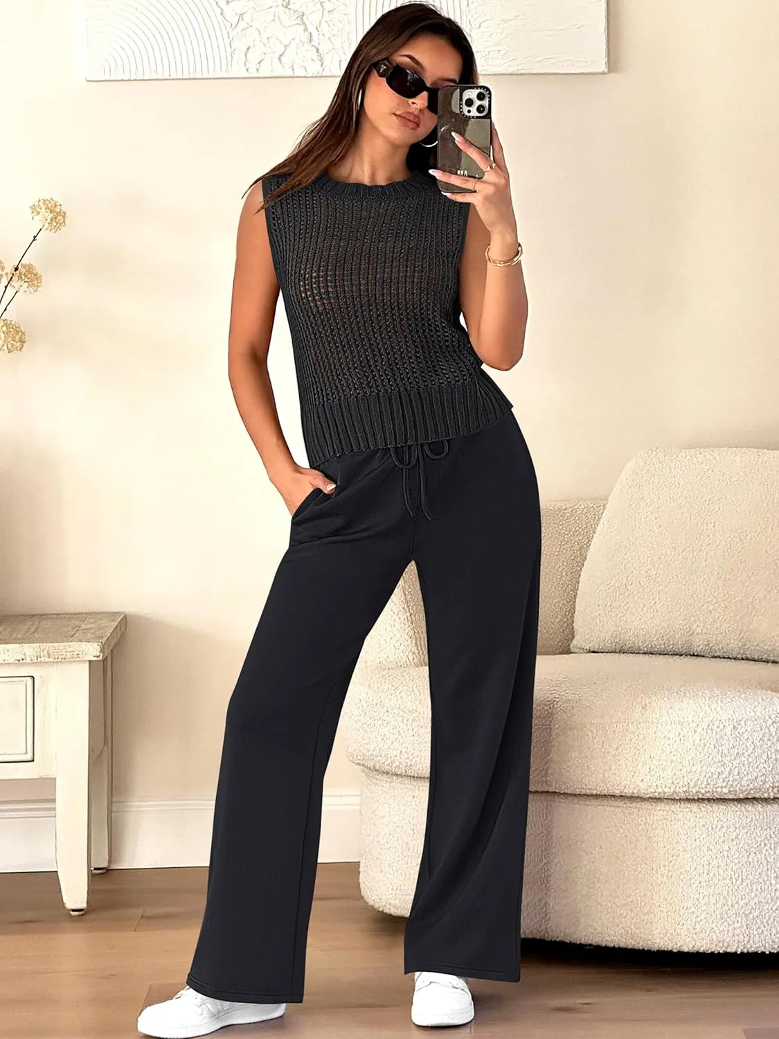 ANRABESS Women 2 Piece Summer Outfits 2025 Crochet Sweater Vest Wide Leg Pants Lounge Matching Sets Travel Vacation Clothes