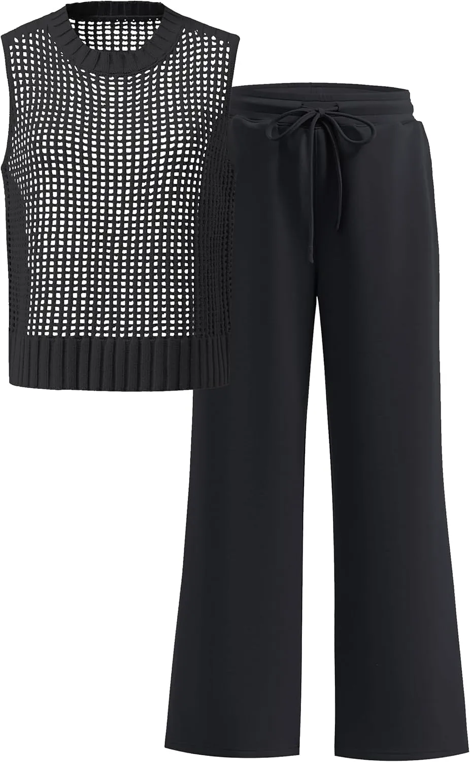 ANRABESS Women 2 Piece Summer Outfits 2025 Crochet Sweater Vest Wide Leg Pants Lounge Matching Sets Travel Vacation Clothes