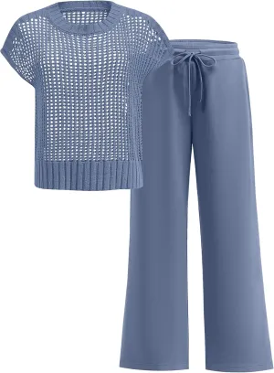 ANRABESS Women Two Piece Outfits Crochet Sheer Knit Sweater Top Wide Leg Pants Lounge Matching Sets Sweatsuit Travel Clothes