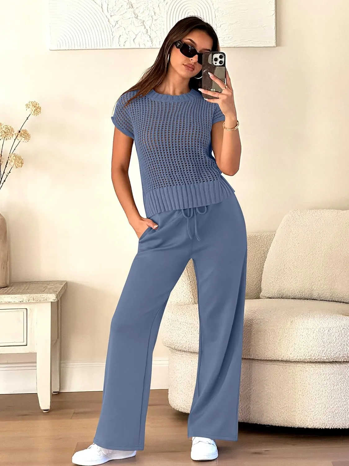 ANRABESS Women Two Piece Outfits Crochet Sheer Knit Sweater Top Wide Leg Pants Lounge Matching Sets Sweatsuit Travel Clothes