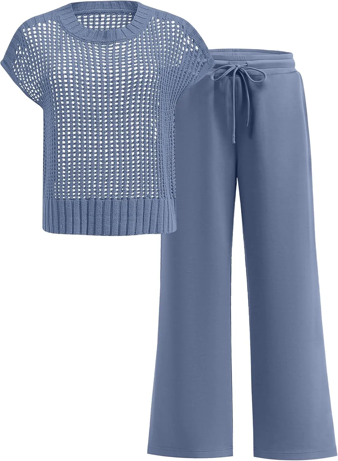 ANRABESS Women Two Piece Outfits Crochet Sheer Knit Sweater Top Wide Leg Pants Lounge Matching Sets Sweatsuit Travel Clothes