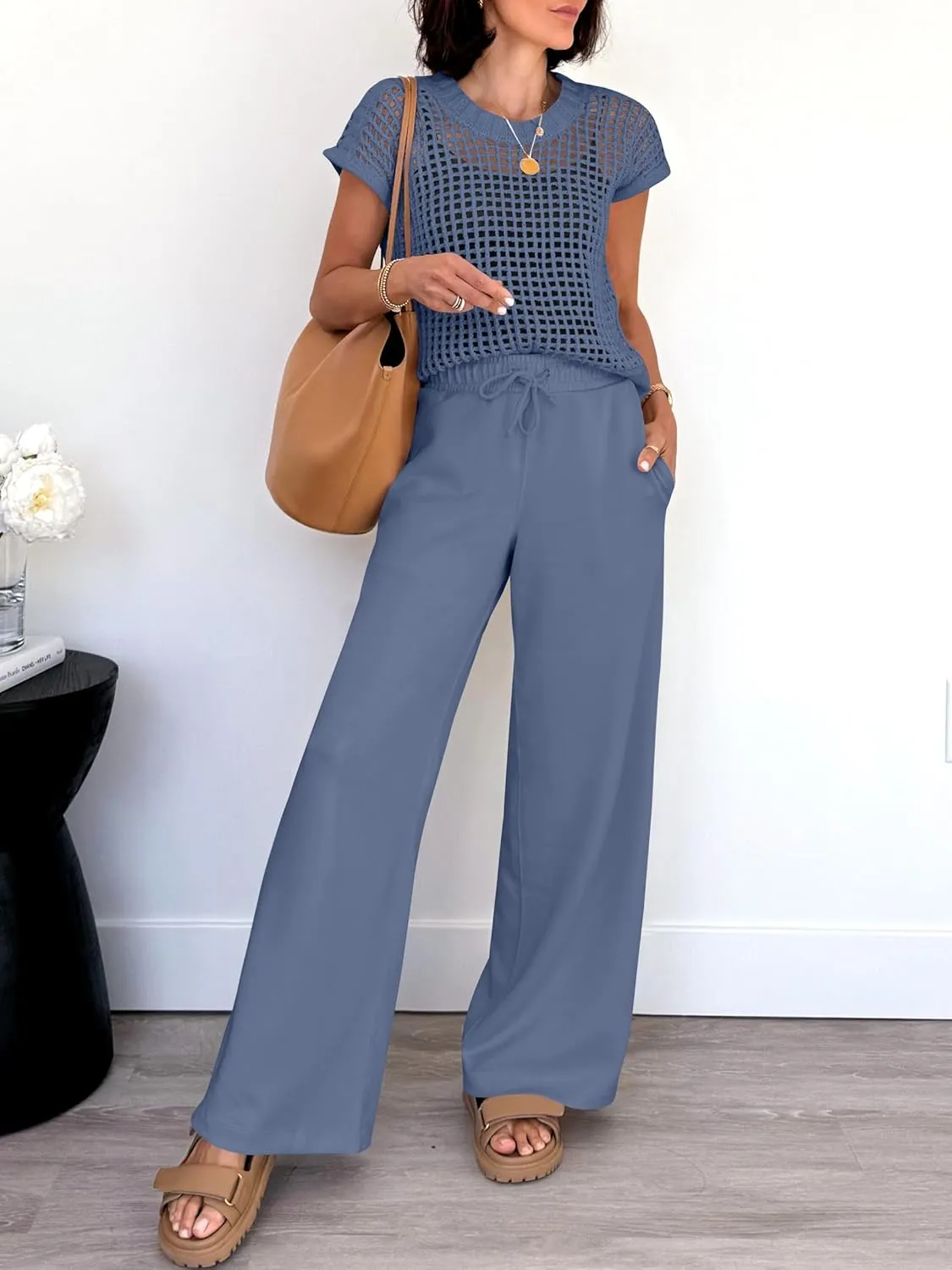 ANRABESS Women Two Piece Outfits Crochet Sheer Knit Sweater Top Wide Leg Pants Lounge Matching Sets Sweatsuit Travel Clothes