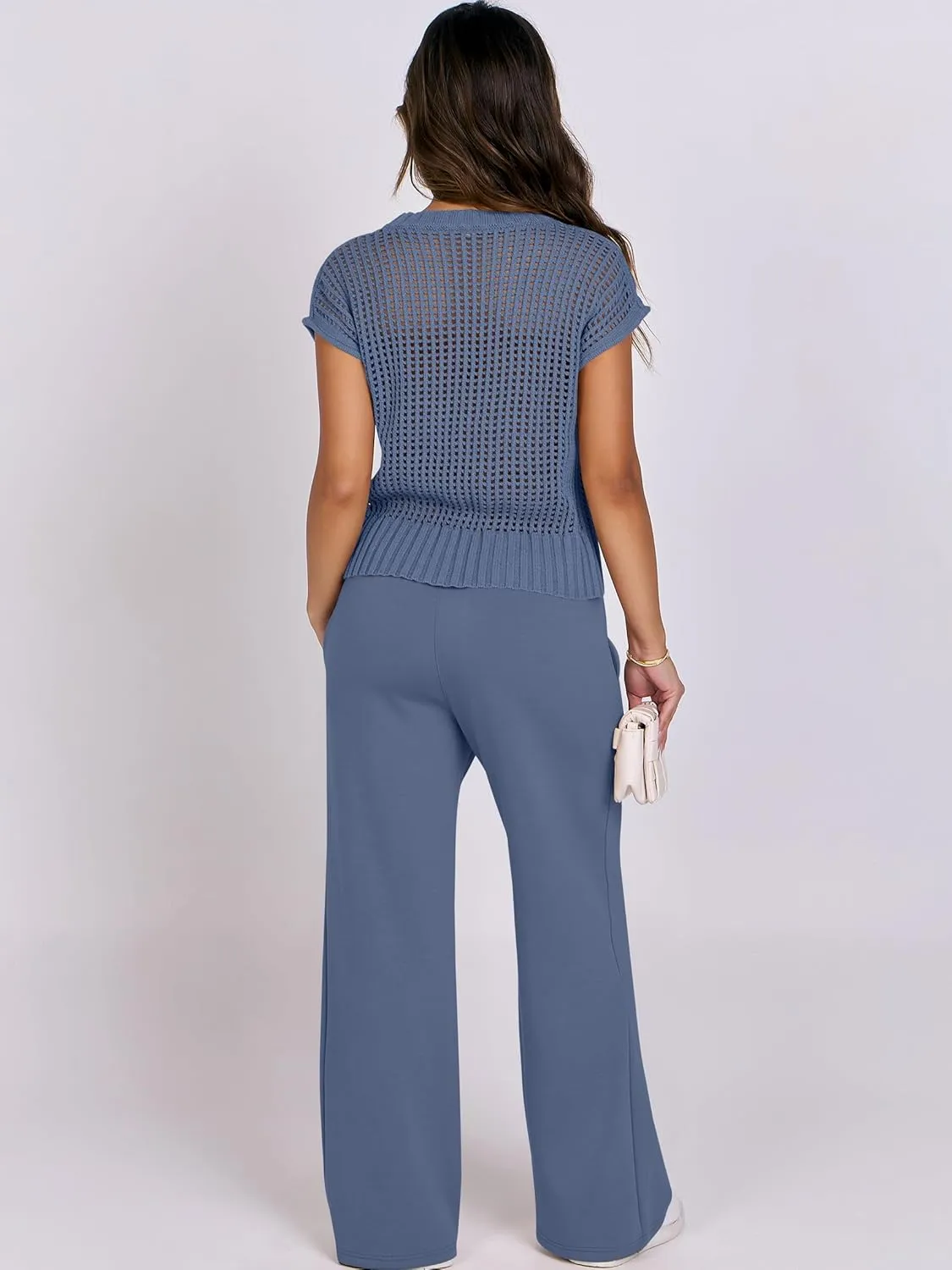 ANRABESS Women Two Piece Outfits Crochet Sheer Knit Sweater Top Wide Leg Pants Lounge Matching Sets Sweatsuit Travel Clothes