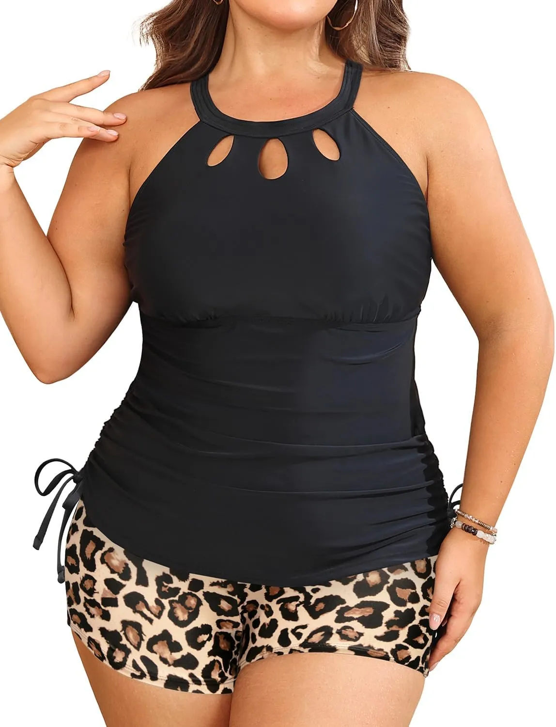 Aqua Eve Women Two Piece Plus Size Swimsuit High Neck Tankini Set Tummy Control Bathing Suit with Shorts