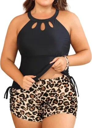Aqua Eve Women Two Piece Plus Size Swimsuit High Neck Tankini Set Tummy Control Bathing Suit with Shorts