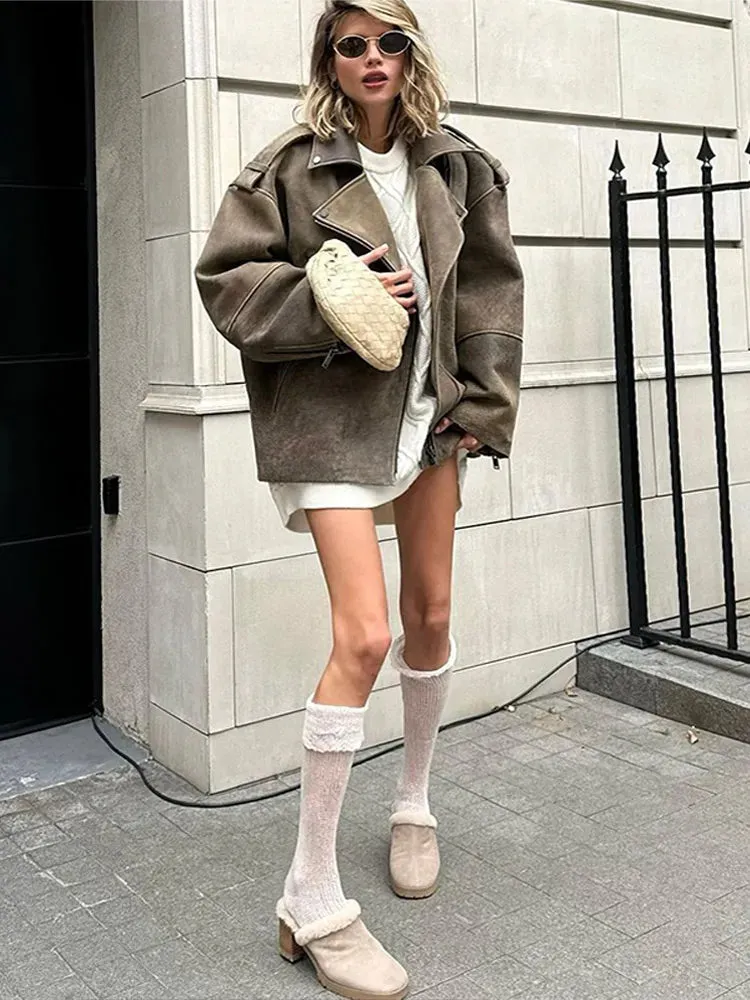 Back To School Joskaa Casual Lapel Zipper Long Sleeve Women's Coats Vintage Loose Commuting Fashion Jackets Autumn Winter Female Office Street Outwear