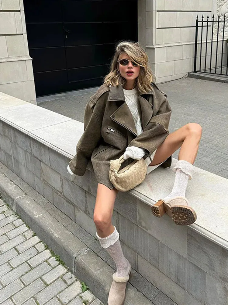 Back To School Joskaa Casual Lapel Zipper Long Sleeve Women's Coats Vintage Loose Commuting Fashion Jackets Autumn Winter Female Office Street Outwear
