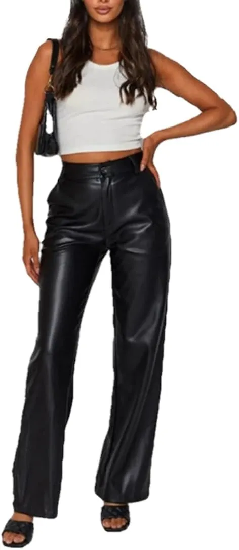 Baggy PU Faux Leather Pants for Women High Waist Straight Wide Leg Trousers Vintage 90s Punk Fashion Streetwear Pants