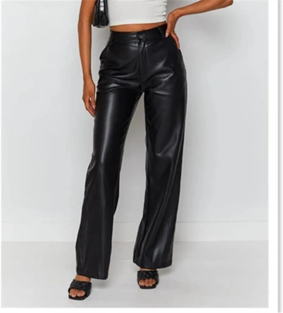 Baggy PU Faux Leather Pants for Women High Waist Straight Wide Leg Trousers Vintage 90s Punk Fashion Streetwear Pants