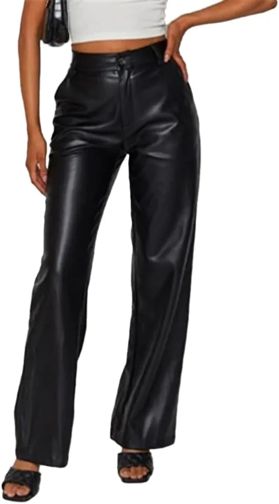Baggy PU Faux Leather Pants for Women High Waist Straight Wide Leg Trousers Vintage 90s Punk Fashion Streetwear Pants