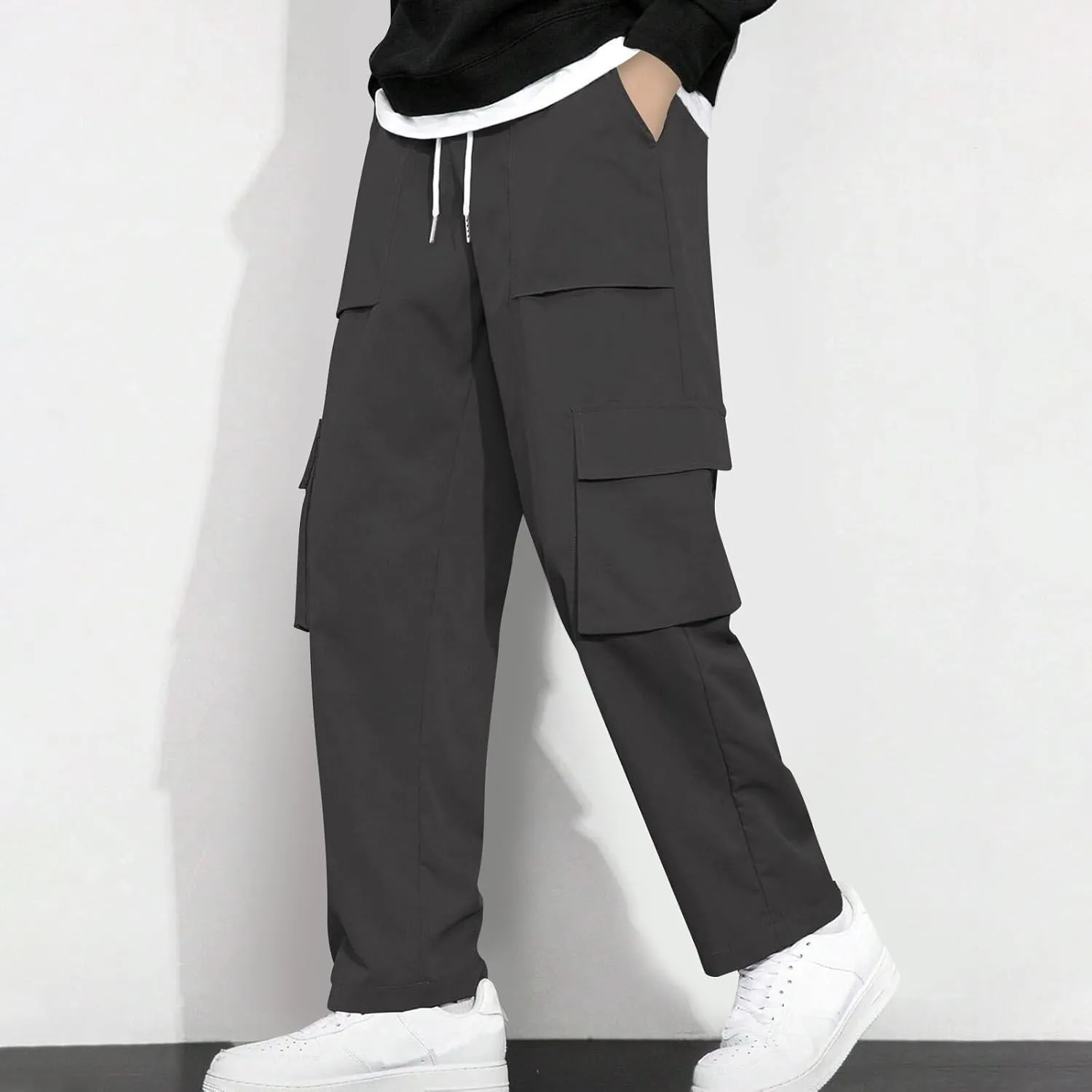Baggy Straight Leg Cargo Pants for Men Drawstring Waist Work Pants with Pockets Spring Fashion Open Bottom Trousers