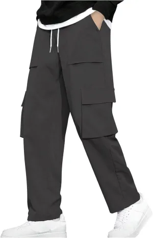 Baggy Straight Leg Cargo Pants for Men Drawstring Waist Work Pants with Pockets Spring Fashion Open Bottom Trousers