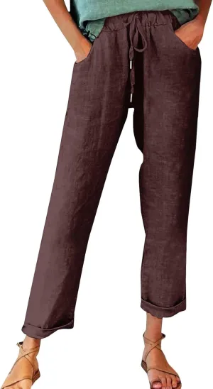 Belted Linen Pants Summer Womens Linen Capris with Pockets Womens Linen Loose Fit Pants Casual
